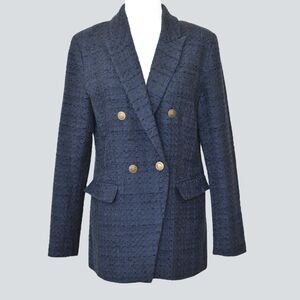 LOFT Navy Tweed/ Boucle Double-Breasted Blazer With Gold-Tone Buttons Size 10